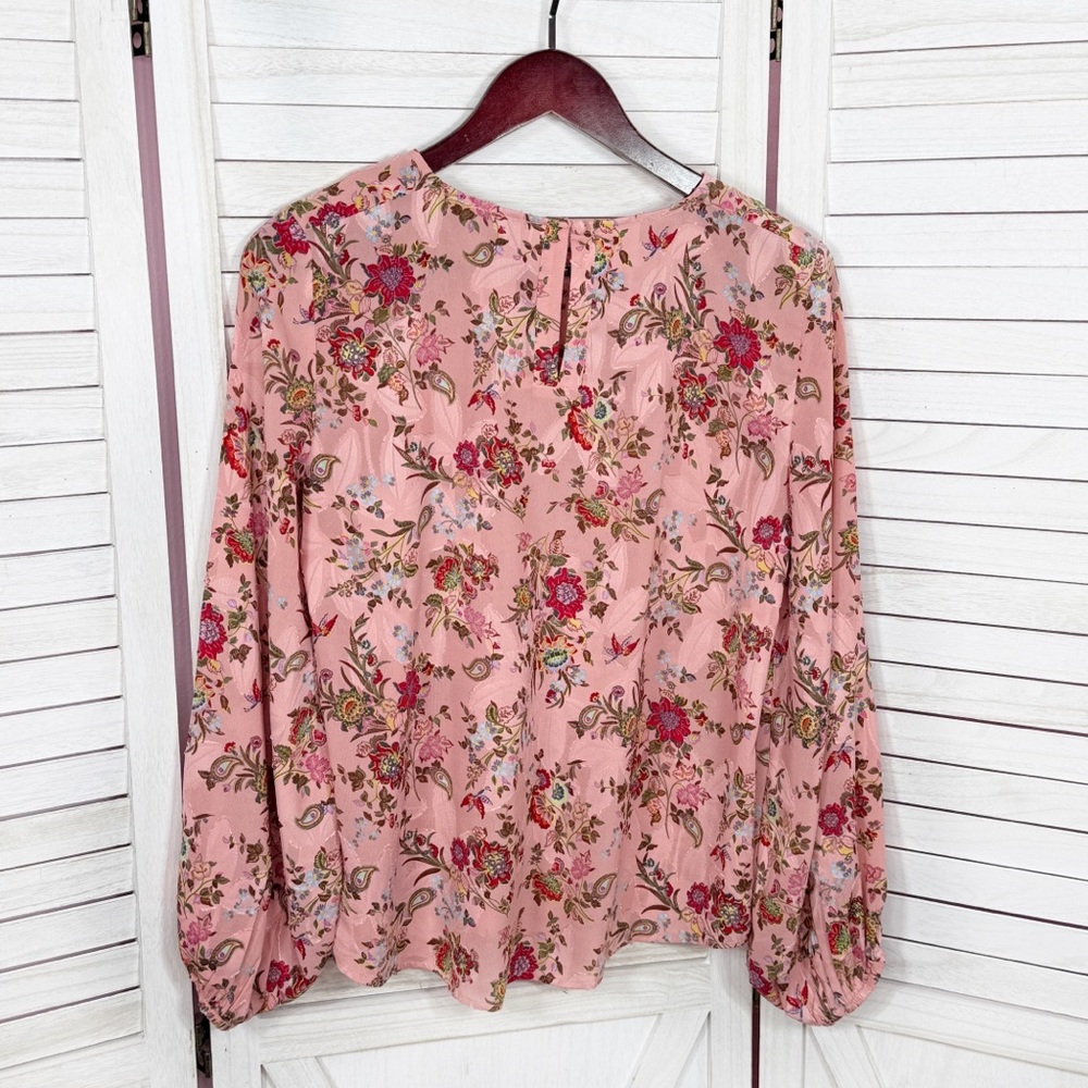 Loft Floral Jacquard Ballon Sleeve Blouse Pink Satin Boho Career Cottagecore S - Picture 9 of 13